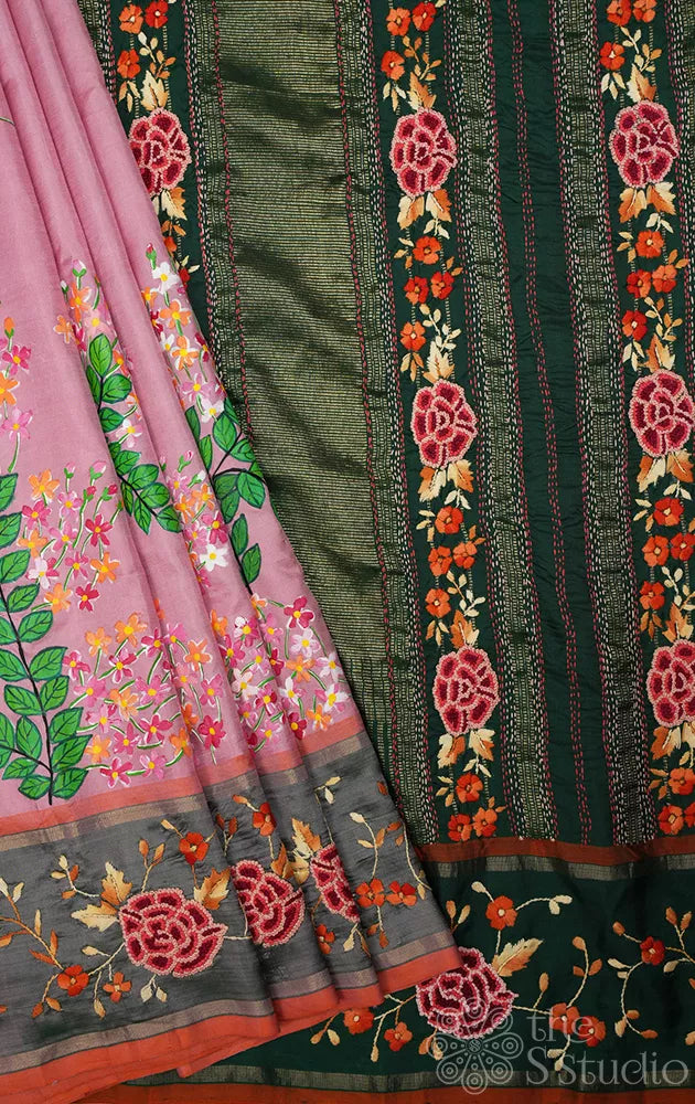 Pink hand painted kanchipuram silk saree with hand  french knot embroidery