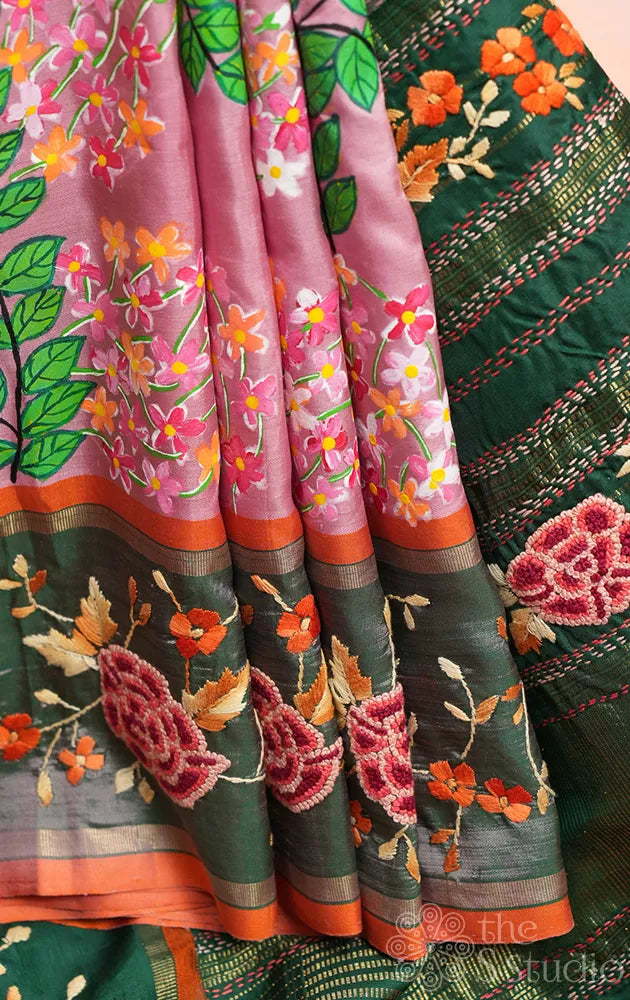Pink hand painted kanchipuram silk saree with hand  french knot embroidery