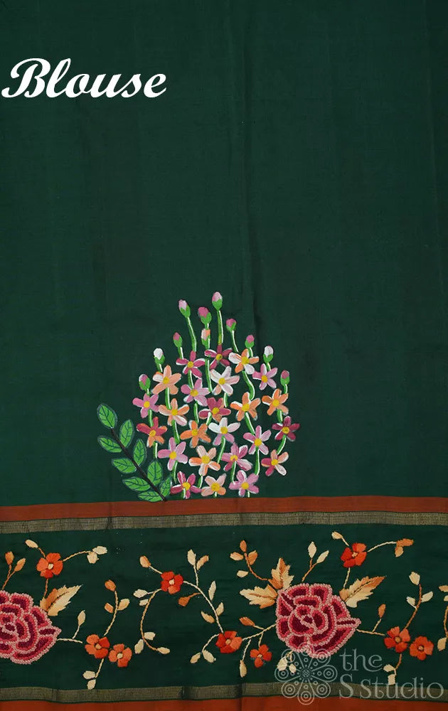 Pink hand painted kanchipuram silk saree with hand  french knot embroidery