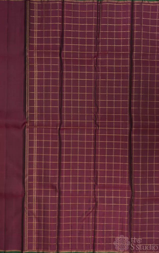Burgundy maroon kanchipuram silk saree with checked pallu