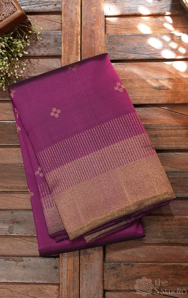 Purple kanjivaram silk saree with buttas and seepu reku border