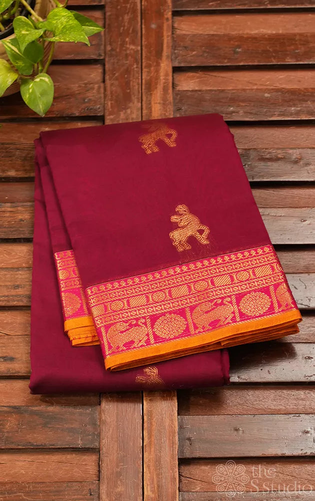 Maroon handwoven kanchi cotton saree with deer butta
