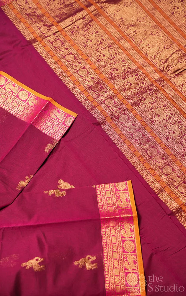 Maroon handwoven kanchi cotton saree with deer butta