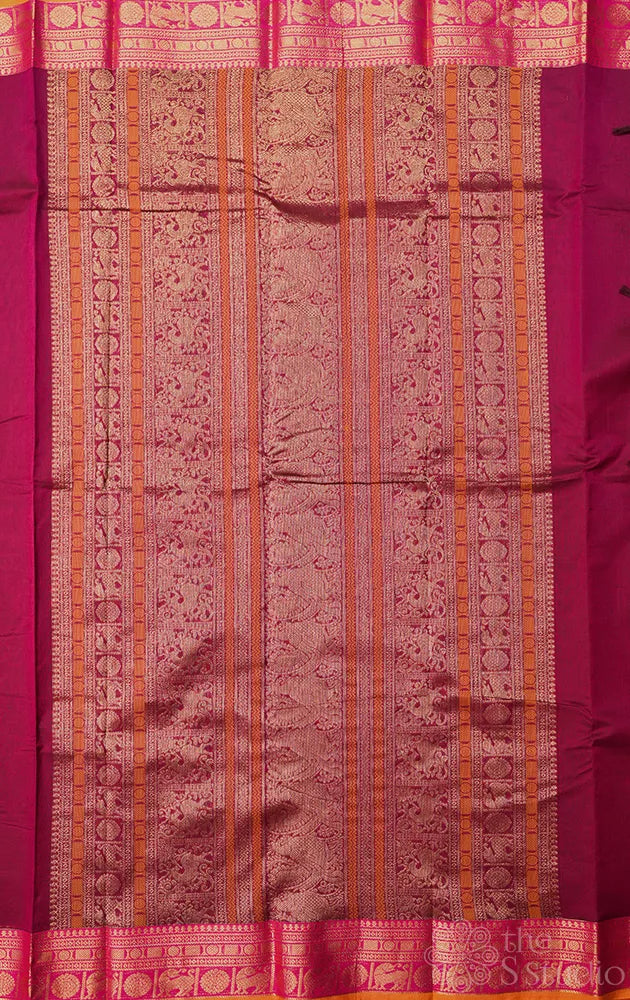 Maroon handwoven kanchi cotton saree with deer butta