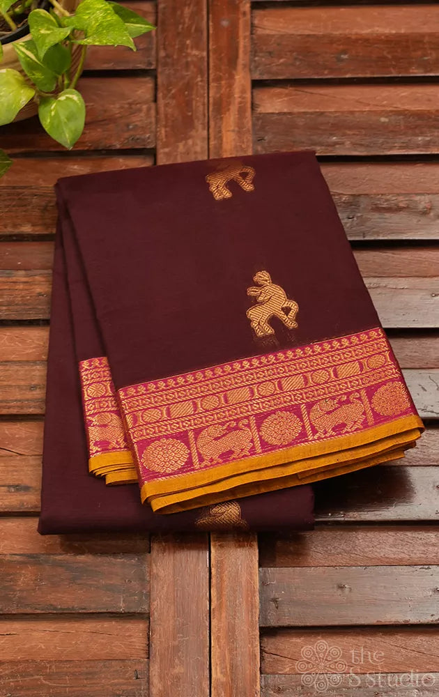Brown handloom kanchi cotton saree with deer butta