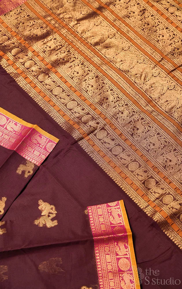 Brown handloom kanchi cotton saree with deer butta
