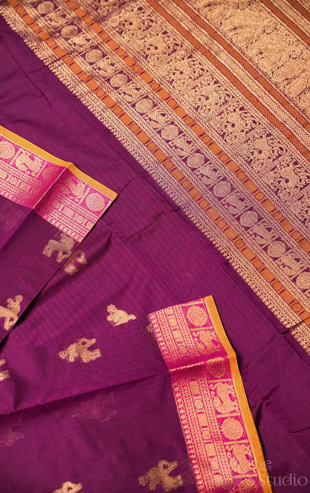 Purple handwoven kanchi cotton saree with zari border