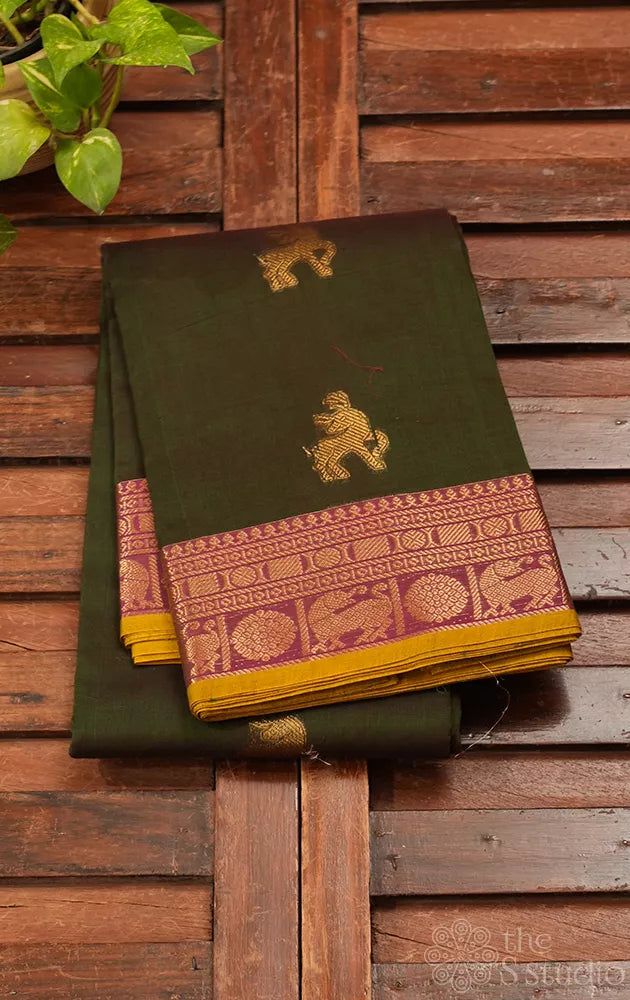 Methi green handloom kanchi cotton saree with deer butta