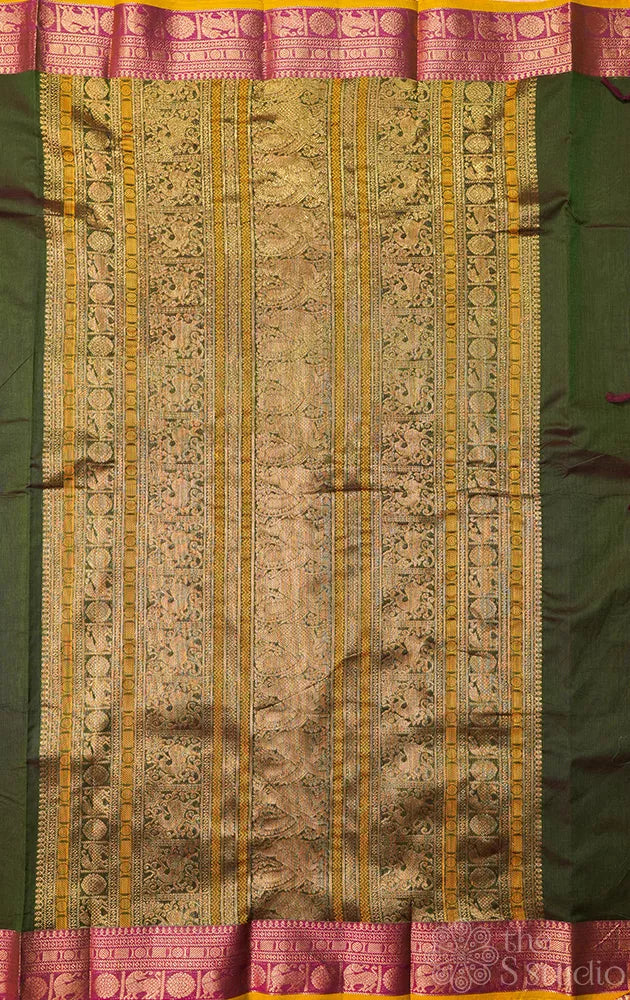 Methi green handloom kanchi cotton saree with deer butta