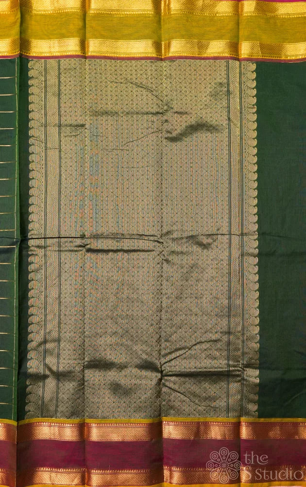 Green handloom checked kanchi cotton saree with rettaipet zari border