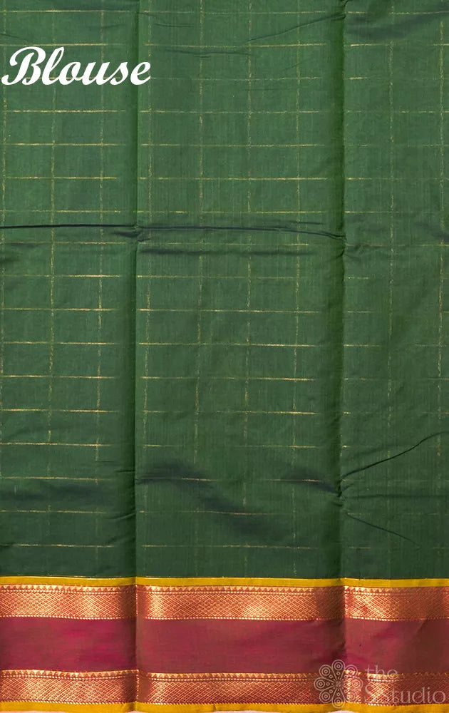 Green handloom checked kanchi cotton saree with rettaipet zari border