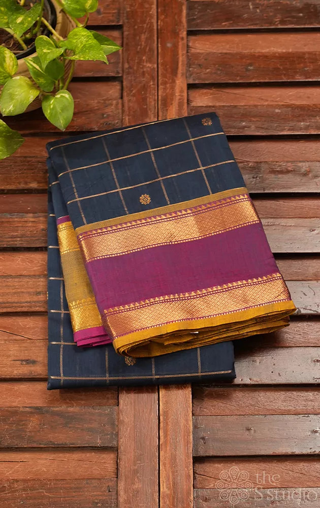 Greyish blue handloom checked kanchi cotton saree with ganga jamuna border
