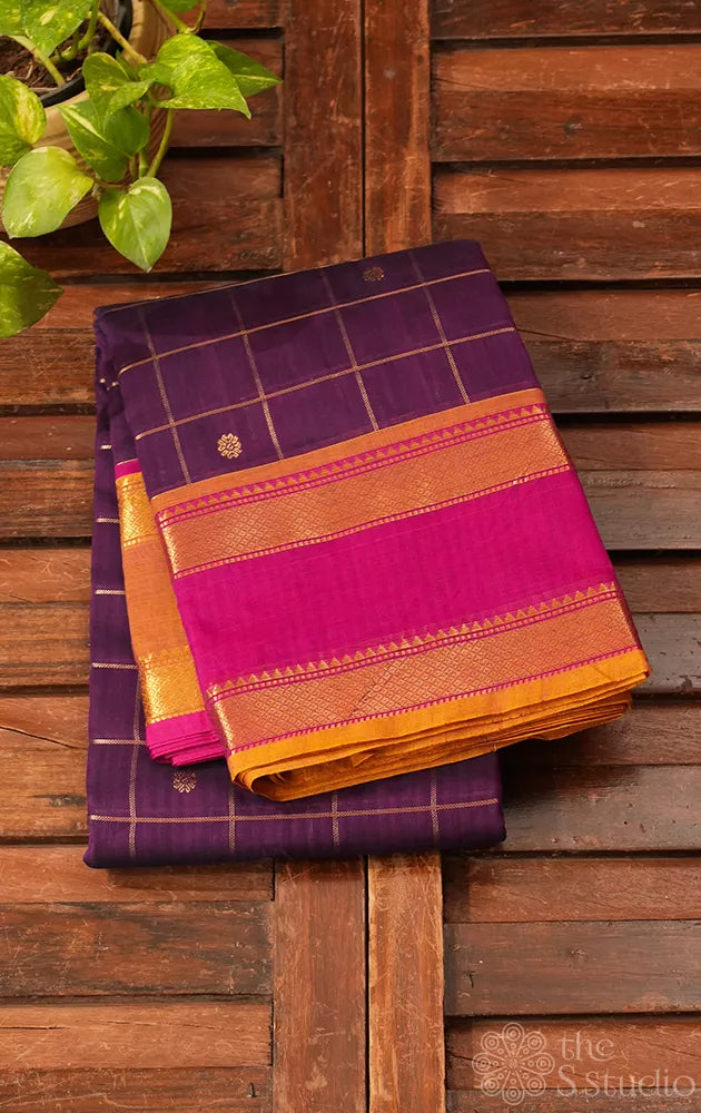 Purple handloom zari checked kanchi cotton saree with rettaipet border