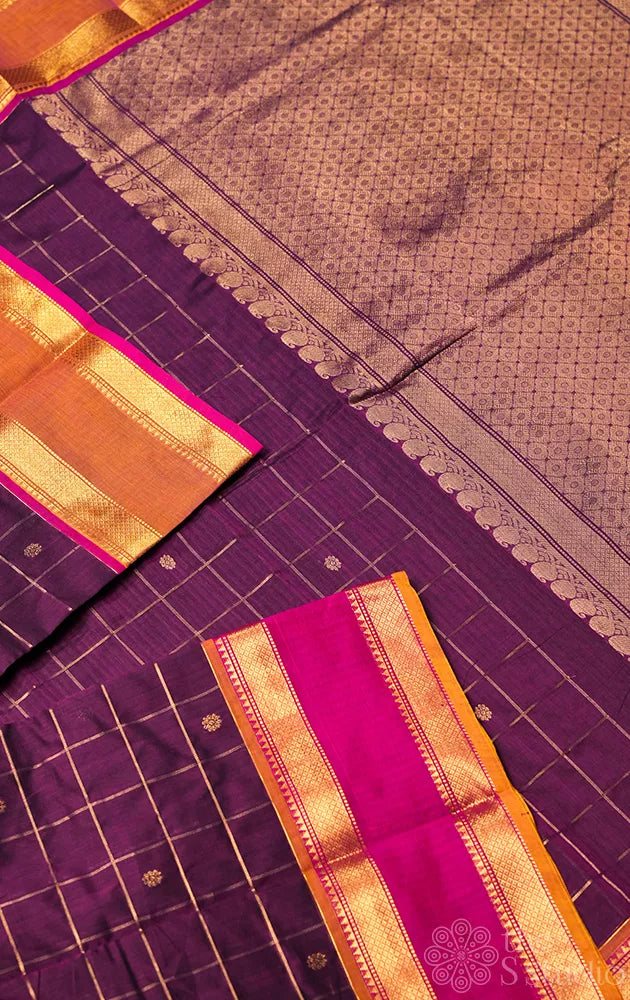 Purple handloom zari checked kanchi cotton saree with rettaipet border