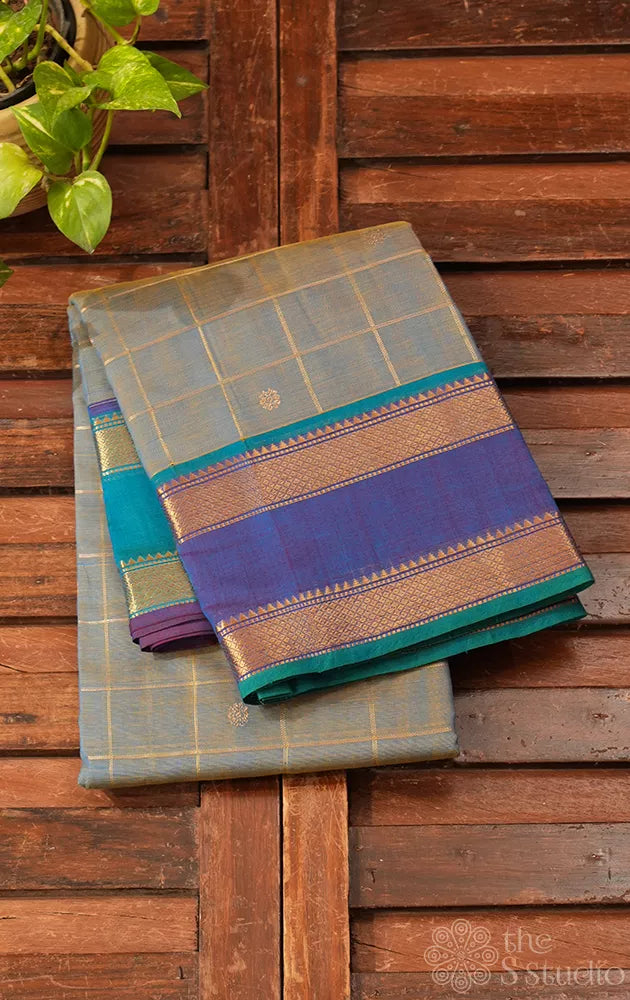 Powder blue zari checked kanchi cotton saree with rettaipet border