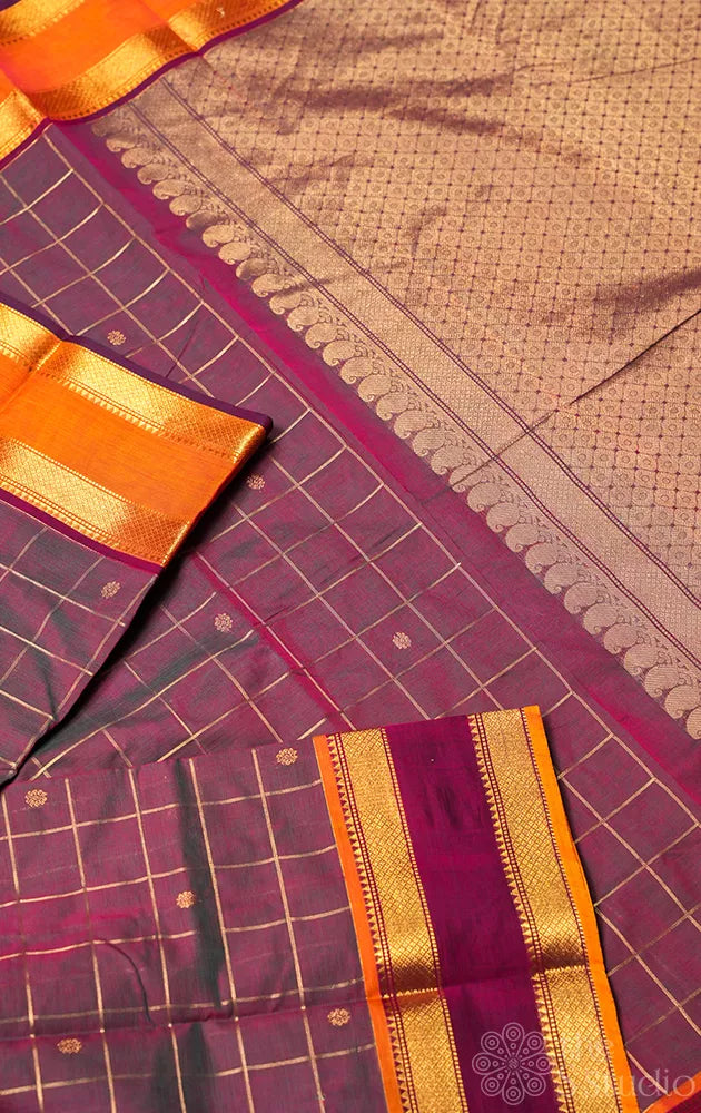 Pinkish brown zari checked kanchi cotton saree
