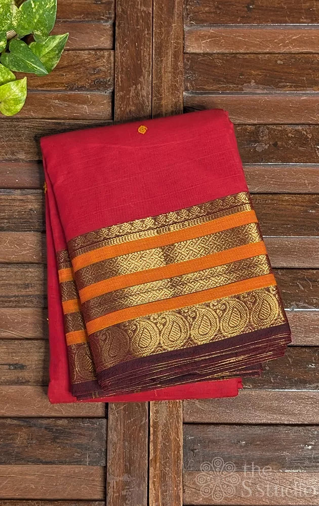 Red kanchi cotton saree with varisaipet zari border