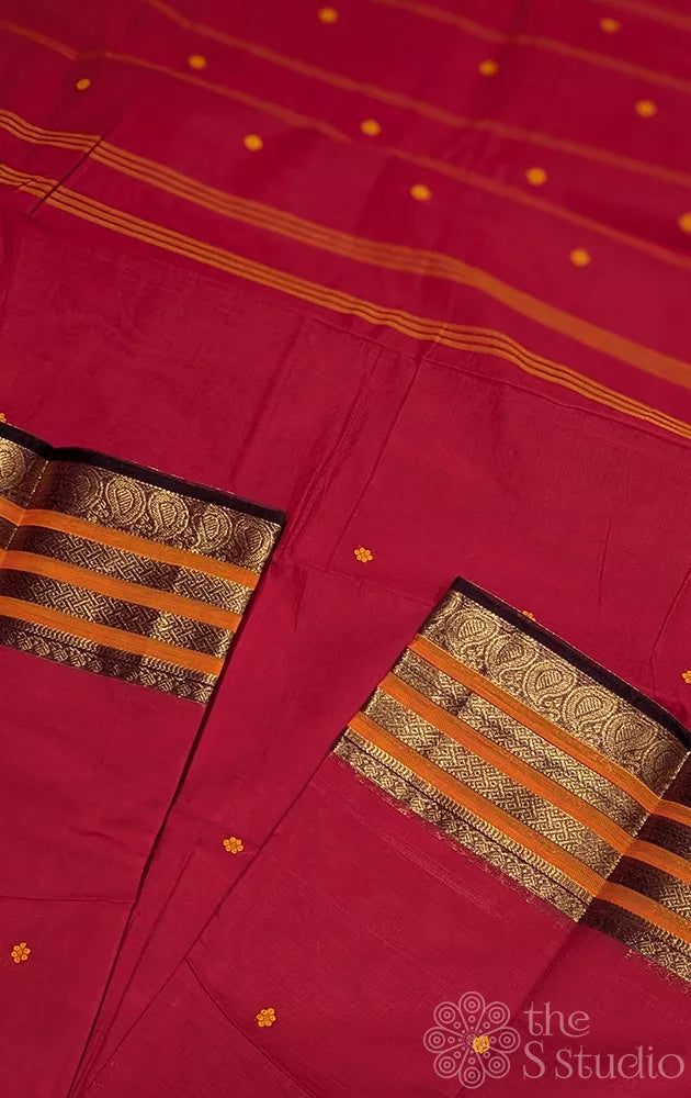 Red kanchi cotton saree with varisaipet zari border