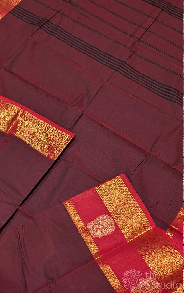 Brown kanchi cotton saree with red zari border