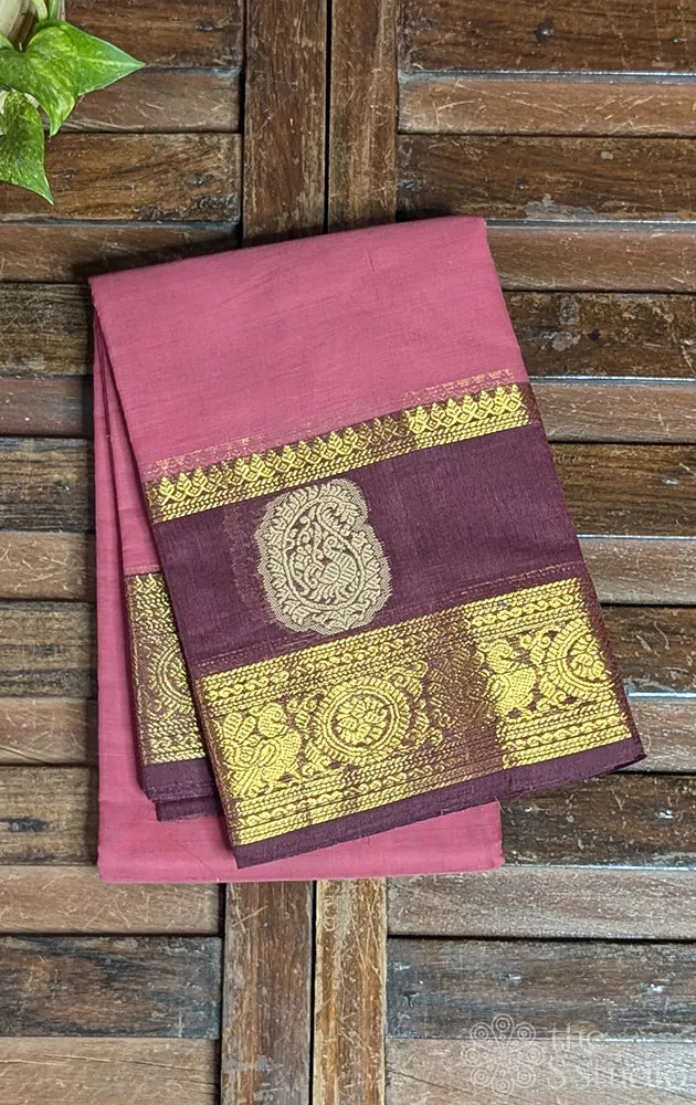 Mauve pink kanchi cotton saree with  brown zari border
