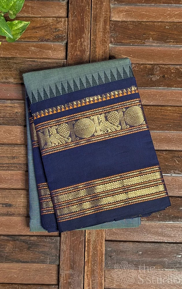 Bluish grey kanchi cotton saree with rettaipet border