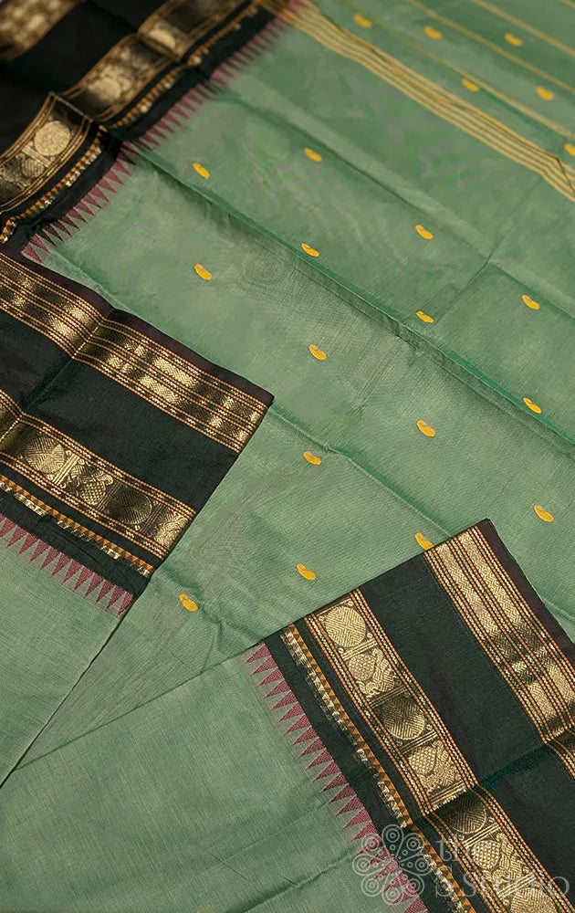 Elachi green kanchi cotton saree with dark green rettaipet border