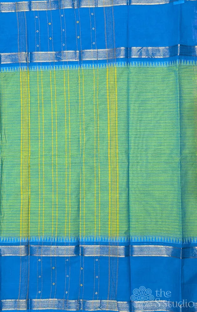 Light green checked kanchi cotton saree with blue rettaipet border