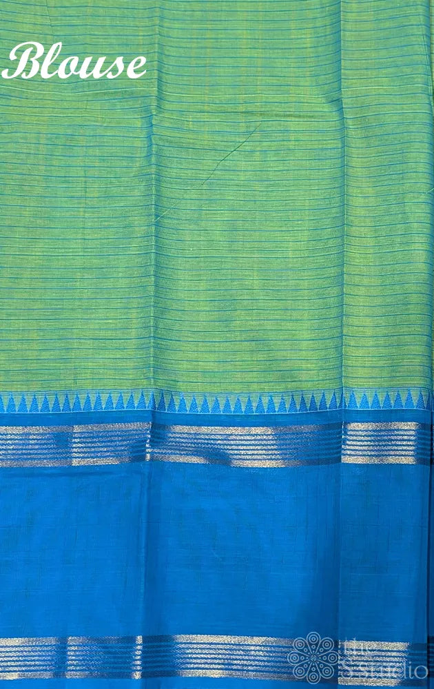 Light green checked kanchi cotton saree with blue rettaipet border