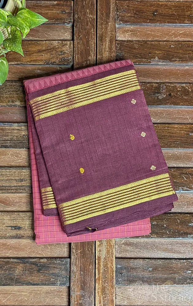 Mauve pink checked kanchi cotton saree with brown border