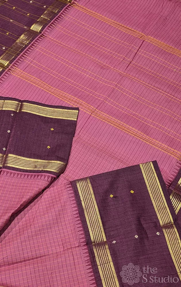 Mauve pink checked kanchi cotton saree with brown border