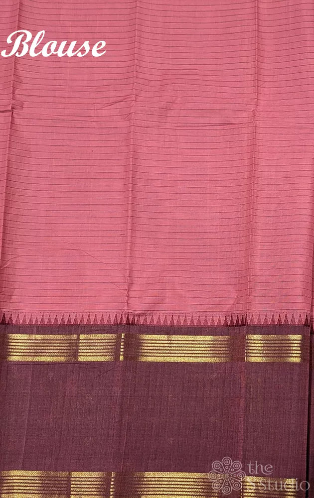 Mauve pink checked kanchi cotton saree with brown border