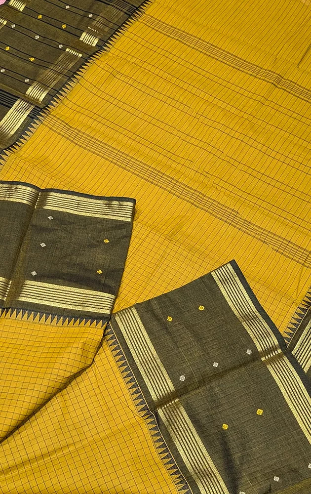 Sampanga green checked kanchi cotton saree with methi green border