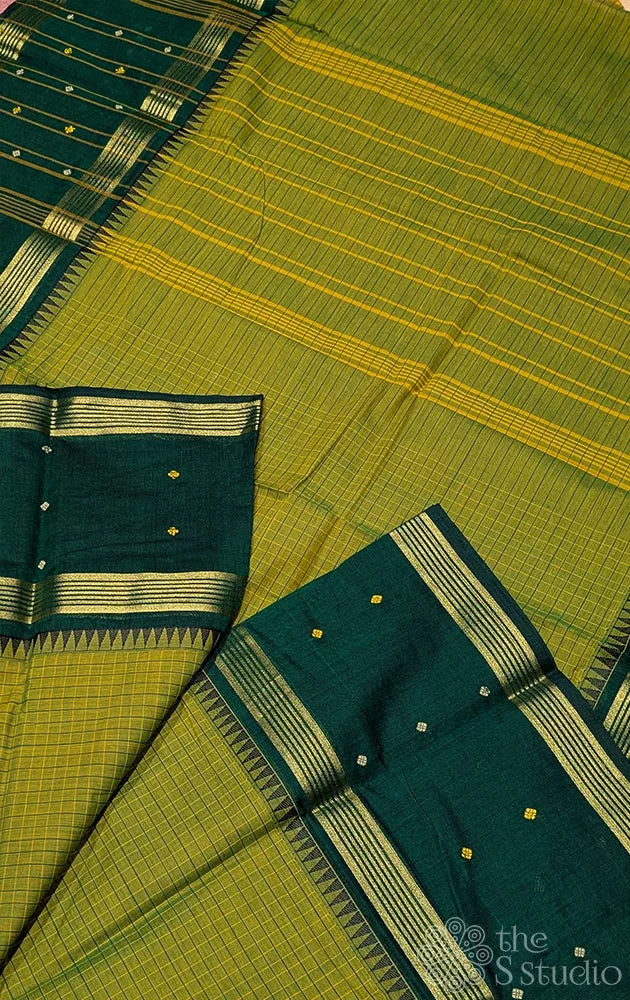 Light green kanchi cotton saree with dark green rettaipet border