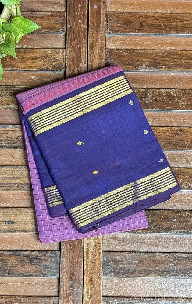 Purple checked kanchi cotton saree with violet border