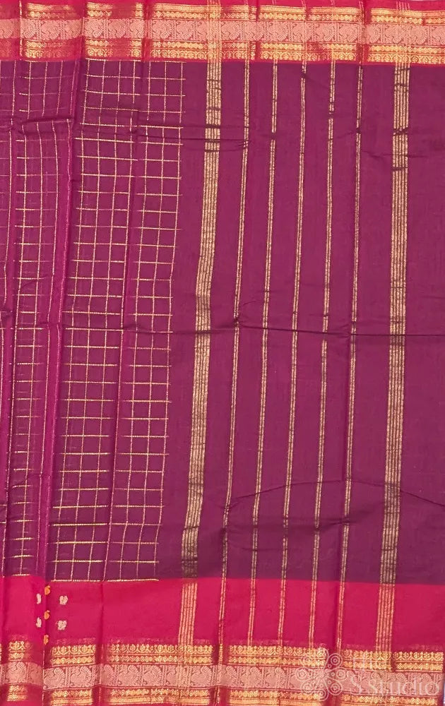 Maroon checked kanchi cotton saree with red border