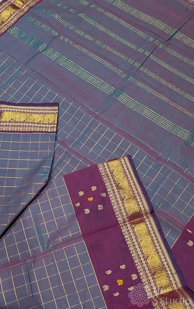 Grey kanchi cotton saree with zari checks