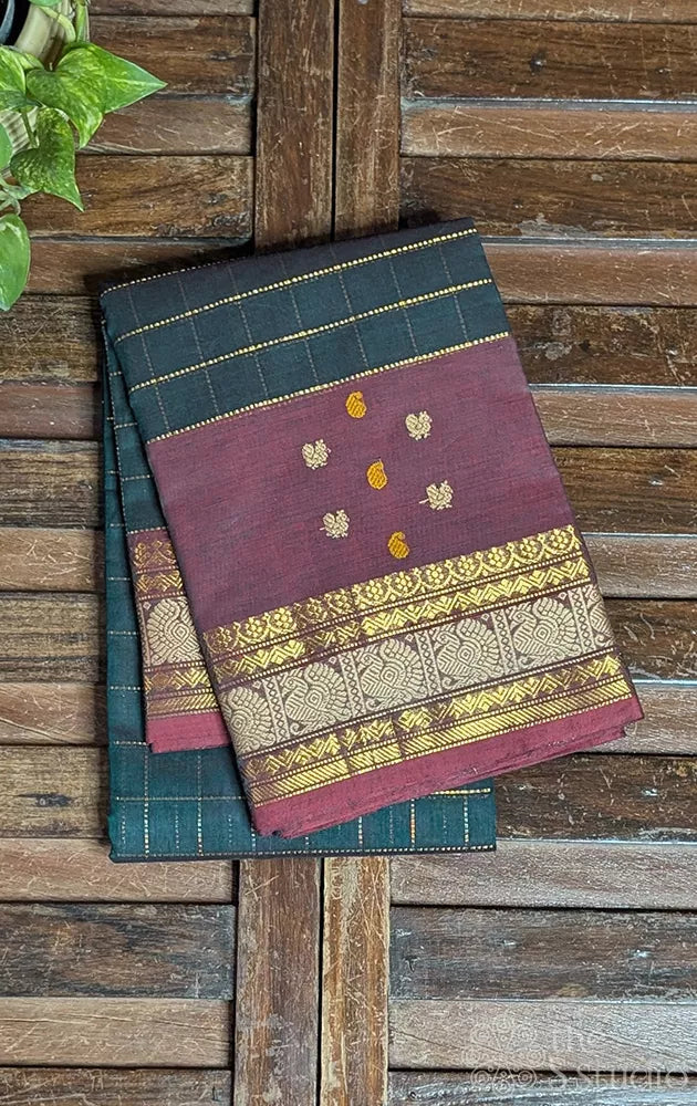 Dark green kanchi cotton saree with zari checks