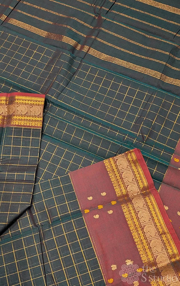 Dark green kanchi cotton saree with zari checks