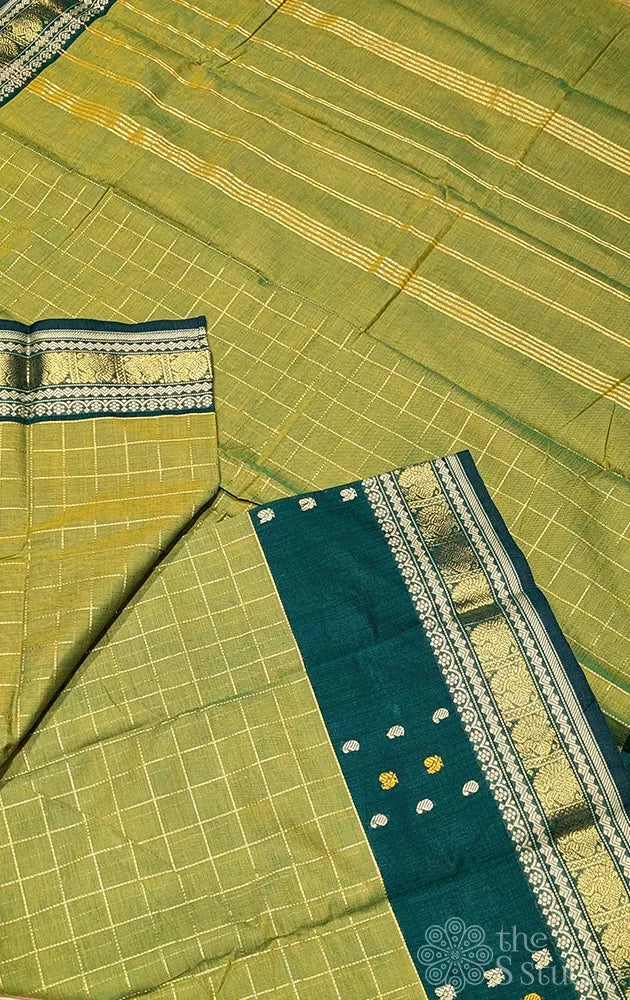 Light green kanchi cotton saree with zari checks