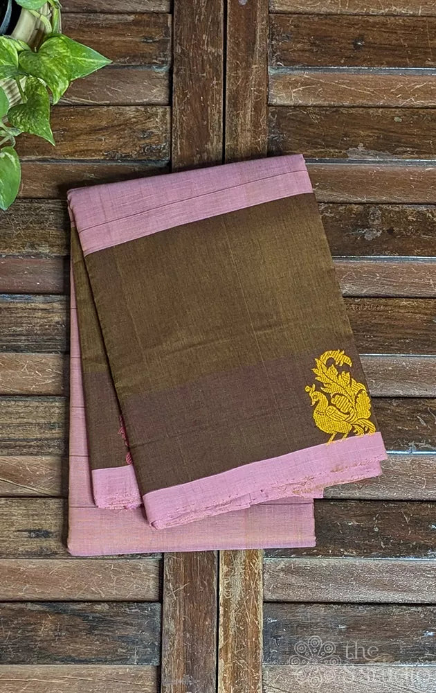 Peach kanchi cotton saree with green checks