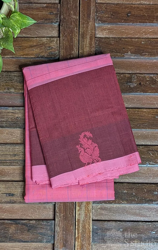 Bubblegum pink checked kanchi cotton saree with maroon border