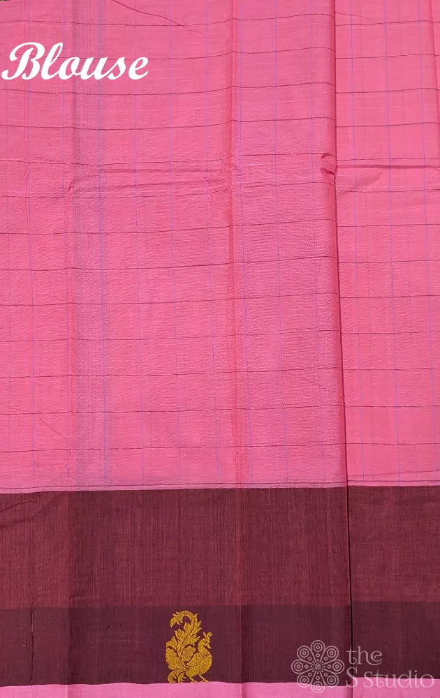 Bubblegum pink checked kanchi cotton saree with maroon border
