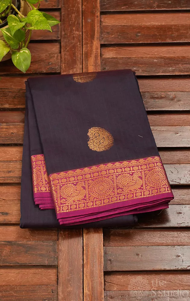 Dark navy blue handloom kanchi cotton saree with rani pink border