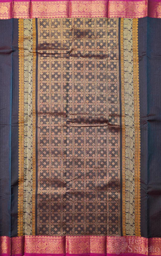 Dark navy blue handloom kanchi cotton saree with rani pink border
