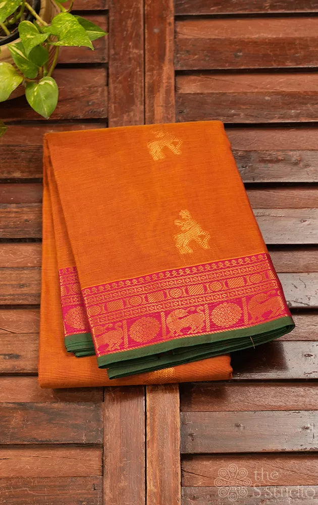 Mustard handloom kanchi cotton saree with deer butta