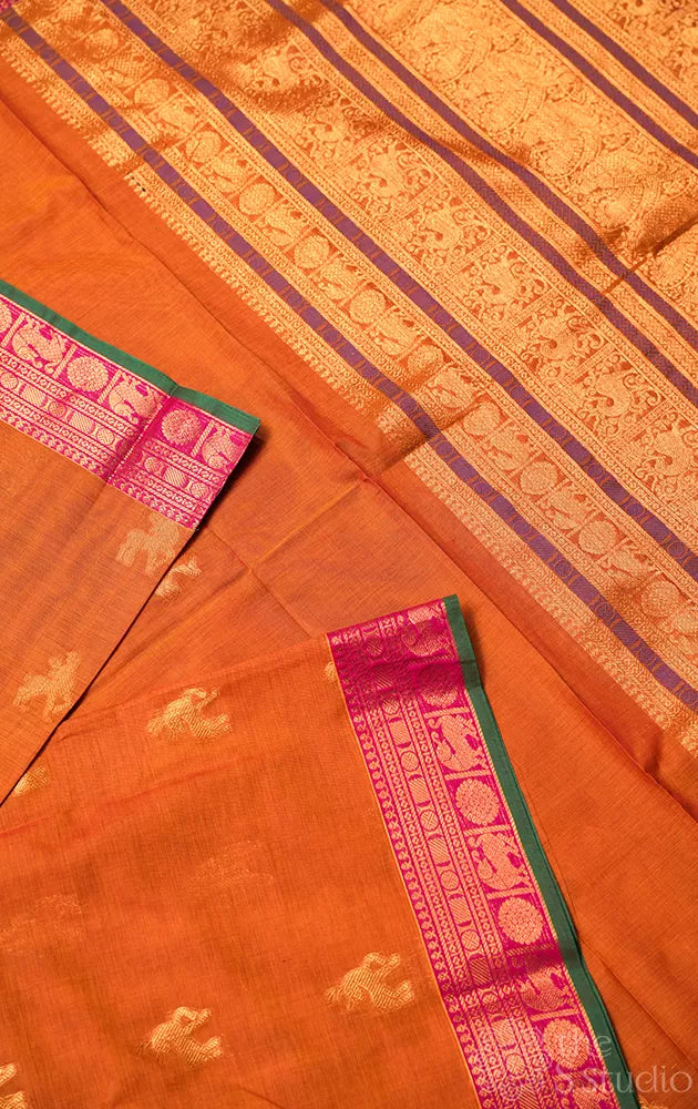 Mustard handloom kanchi cotton saree with deer butta
