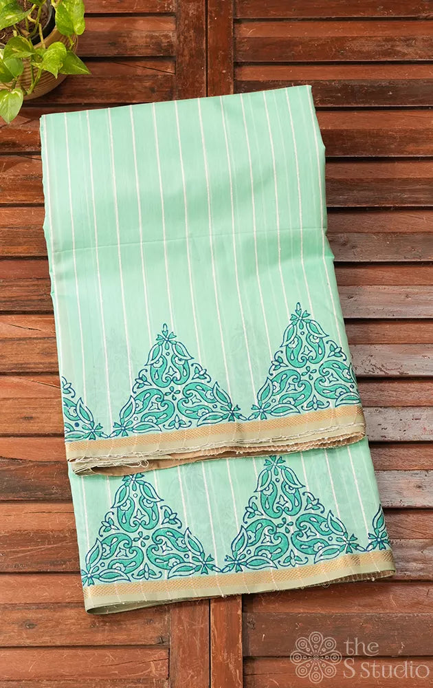 Light pista maheshwari silk cotton saree with block printing on border