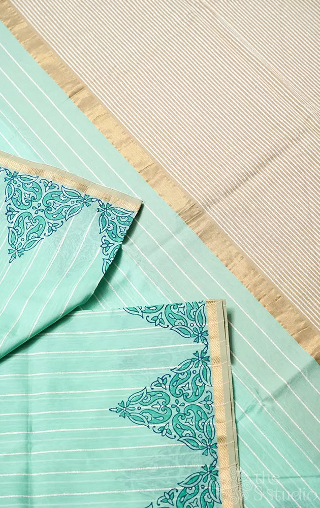 Light pista maheshwari silk cotton saree with block printing on border