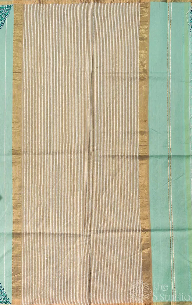 Light pista maheshwari silk cotton saree with block printing on border