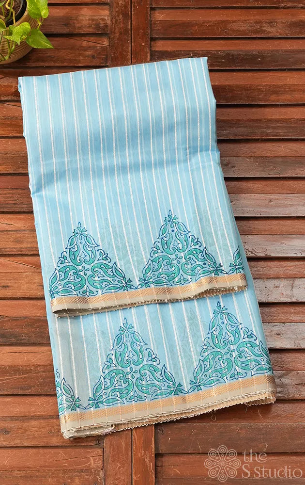 Powder blue maheshwari silk cotton saree with block printing on border